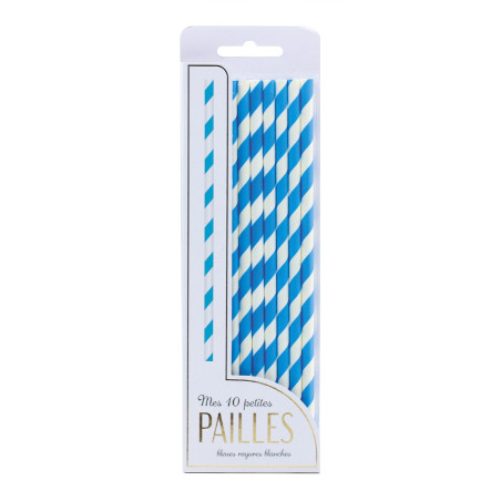 SET 10 PAILLES BLEUES RAYURES BLANCHES